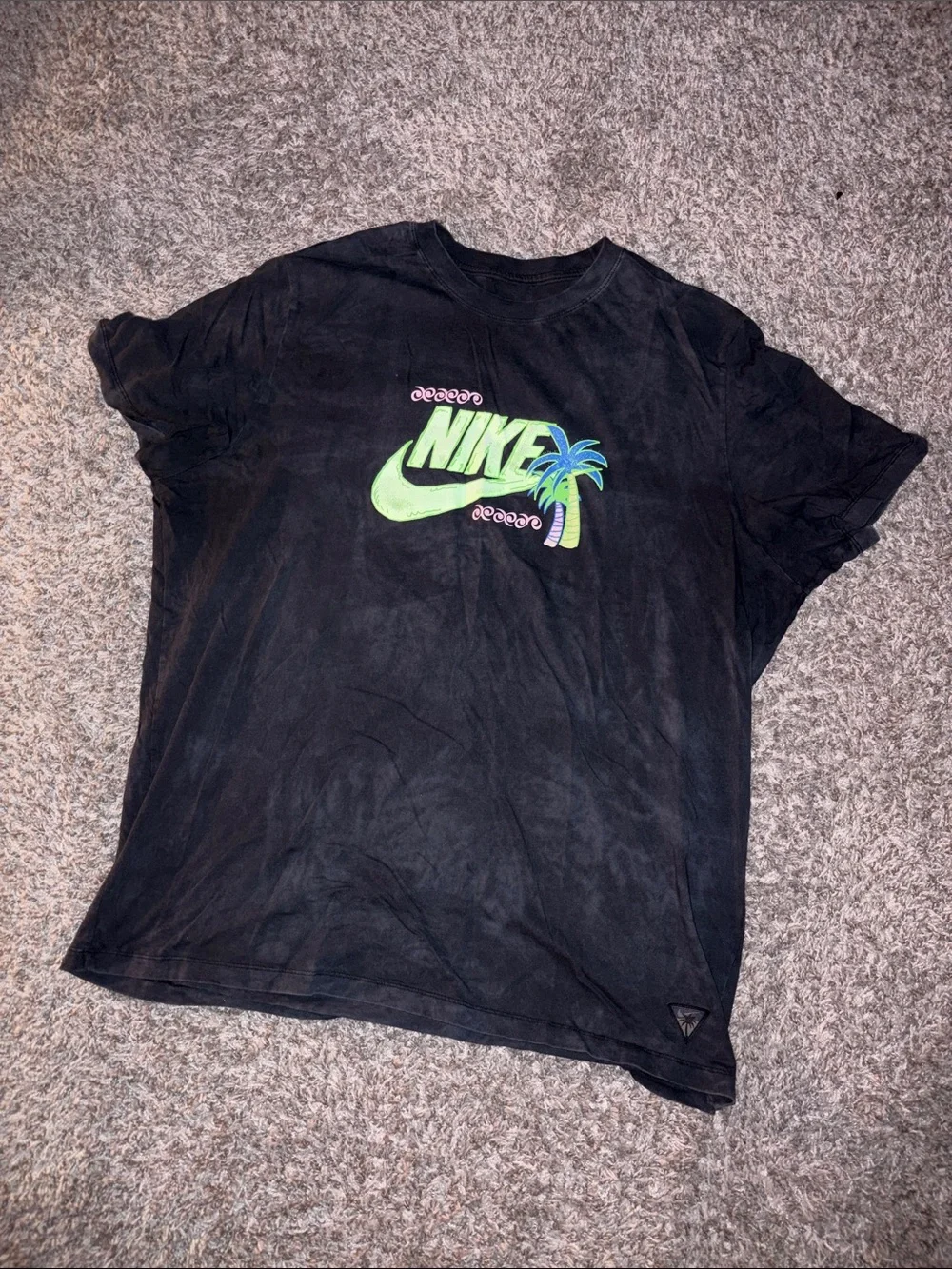 Nike Black Tee with Neon Green Swoosh and Blue Palm Motif